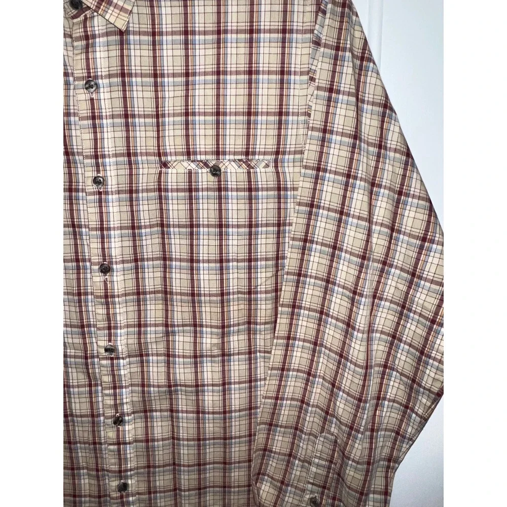 Vintage Levis Sportswear Mens Large Plaid Button Shirt Tan Burgundy Long Slv